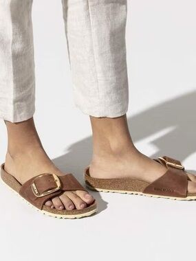 Birkenstock Brown Suede Big Buckle Slide Sandals